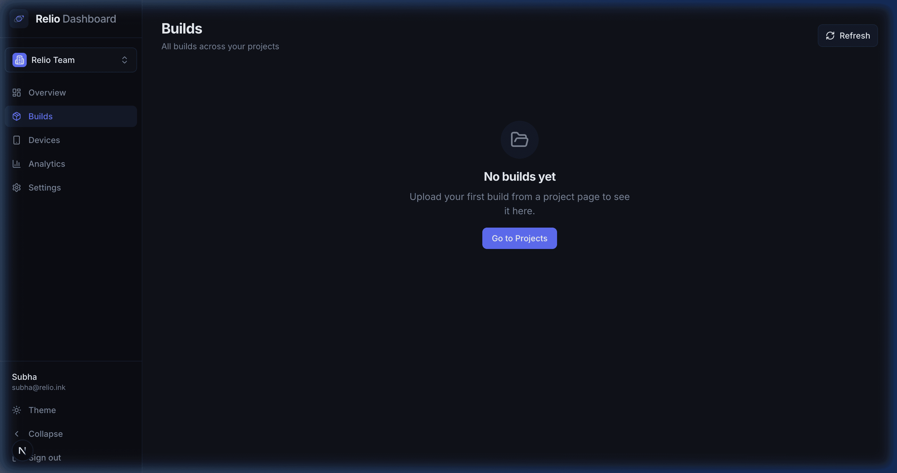 Relio Builds — All builds across your projects