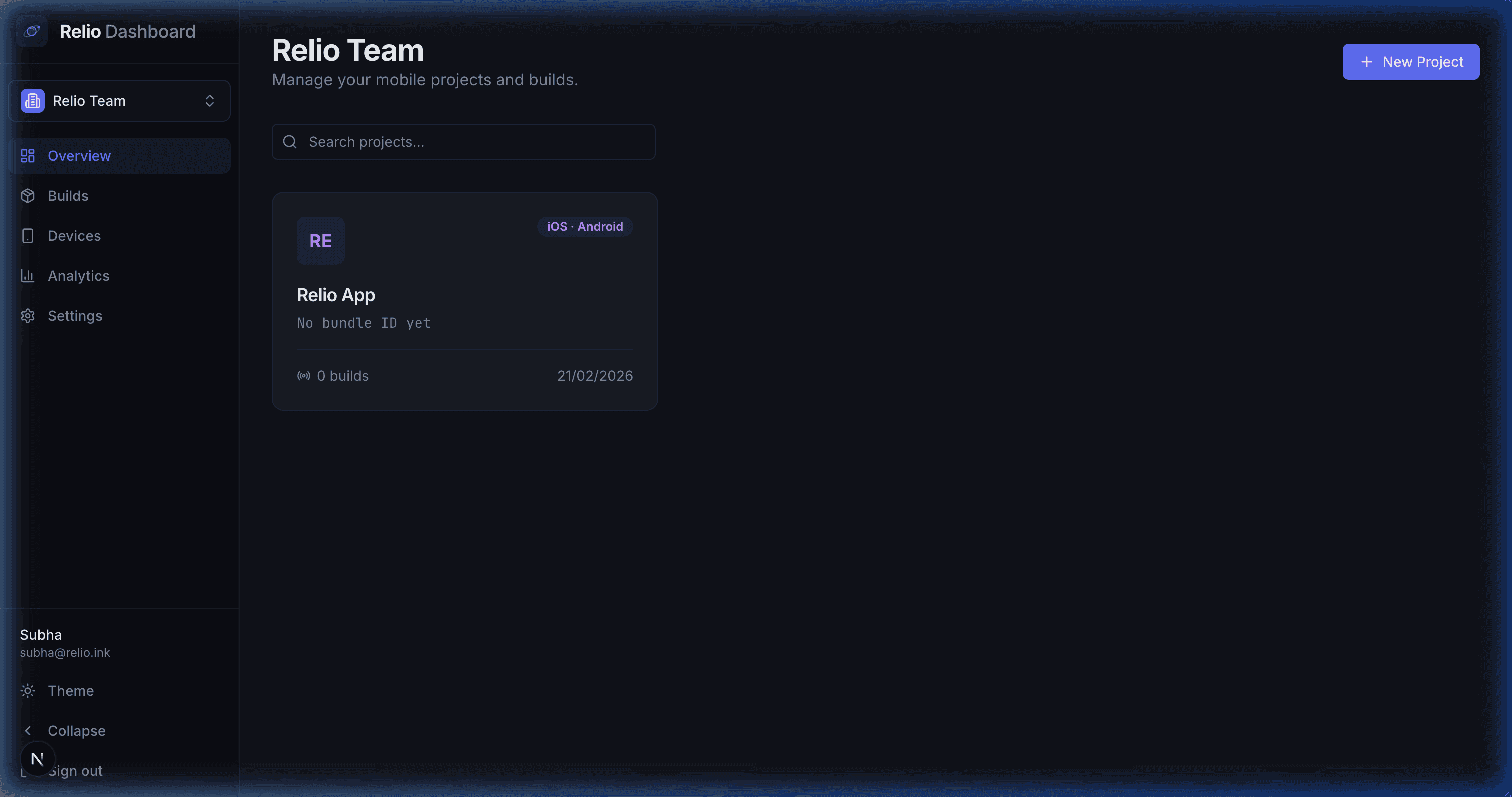 Relio Dashboard — Manage your mobile projects and builds